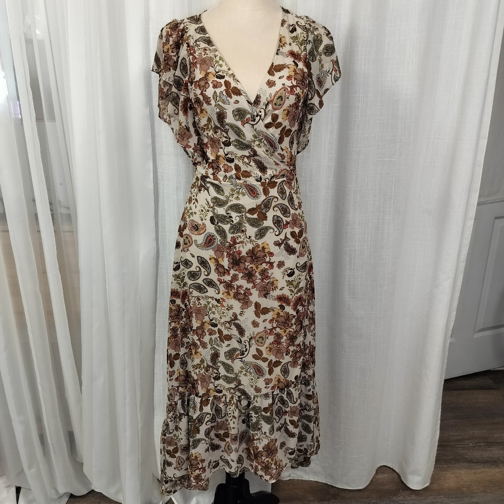 Antropologie Drew Brown Paisley Floral Wrap Dress Size M Flutter Sleeves Hi Lo